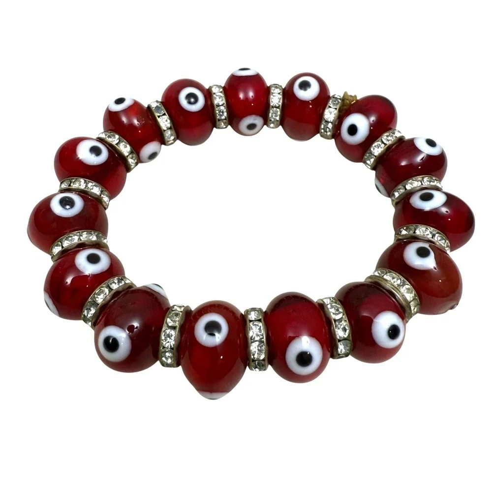 Evil Eye Bracelet Glass Lampwork Bead 10mm Stretch Good Luck Kabbalah Protection